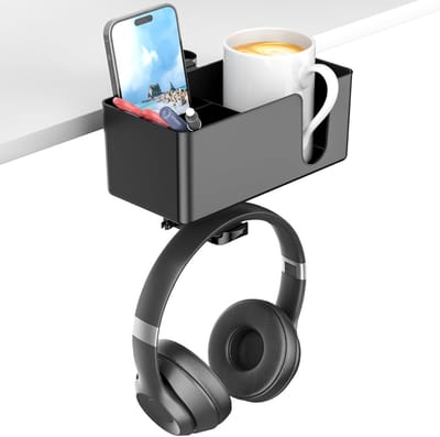 StayPowered 4-in-1 Hoofdtelefoon & Bekerhouder - Houd Je Bureau Georganiseerd - 360° Draaibaar - Verwijderbare Opbergbox - Eenvoudige Installatie - Antislip Design - Kabelbeheer - Zwart - Levering Sneller dan Aangegeven!