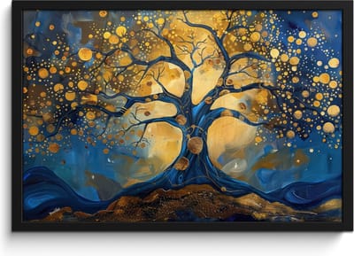 Poster in lijst - Fotolijst 60x40 cm - Posters - Boom - Levensboom - Blauw - Goud - Posterlijst zwart - Decoratie - Wanddecoratie woonkamer - Muurdecoratie slaapkamer