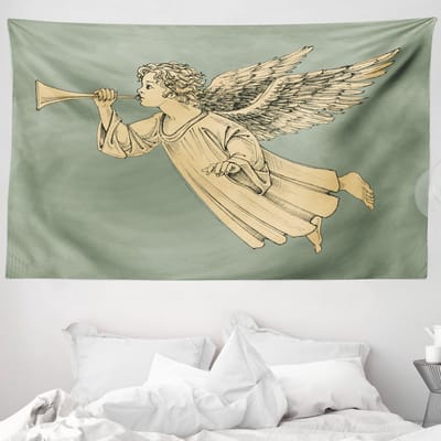 ABAKUHAUS Kersttapijt en sprei, vliegende engel afbeelding, 230 x 140 cm, mintgeel