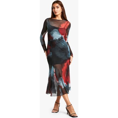 boohoo Dames Slash Neck Floral Mesh Print Godet Hem Midaxi-jurk | Grijs | Maat: 36