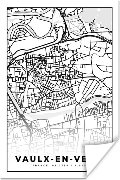 Poster Kaart - Stadskaart - Frankrijk - Vaulx-en-Velin - Plattegrond - Zwart wit - 120x180 cm XXL