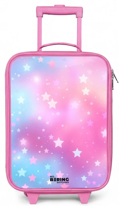 NoBoringSuitcases.com® - Kinderkoffer roze - Kindertrolley meisje - Sterren - Roze - Blauw - Koffer kind lichtgewicht - Reiskoffer trolley voor kinderen - Koffertje met lichtgevende wieltjes - Rolkoffer