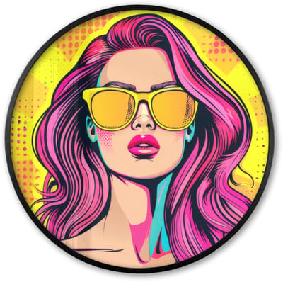 Poster in lijst Rond - Fotolijst 60x60 cm - Posters - Zonnebril - Vrouw - Zonnig - Geel - Ronde posterlijst zwart - Decoratie - Wanddecoratie woonkamer - Muurdecoratie slaapkamer