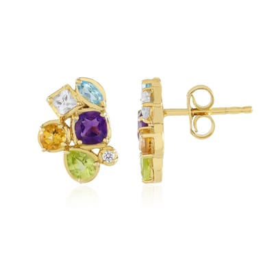 Cavill - Vergulde 925 Sterling Zilveren Oorbellen - 1.71 Ct Amethist Antiek Kussen & Peridoot Druppelvorm - Elegante Sieraden met Edelstenen