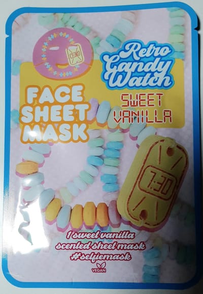 Vegan face mask diepreinigend - retro candy watch - snoephorloge vintage - sweet vanilla - vanille gezichtsmasker - selfie masker - selfiemask - tissuemask snoepje