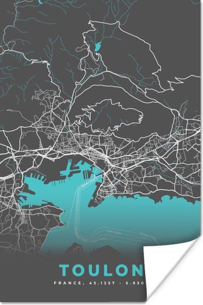 Poster Toulon - Kaart - Frankrijk - Stadskaart - Plattegrond - 120x180 cm XXL
