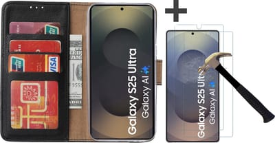 Hoesje met 2 Stuks Screenprotectors Geschikt voor Samsung Galaxy S25 Ultra – Arara bookcase met pasjeshouder - Zwart