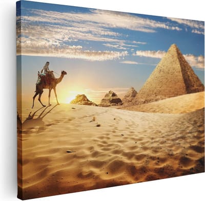Artaza Canvas Schilderij Zonsondergang Woestijn - 40x30 cm - Klein - Wanddecoratie Piramides - Muurdecoratie Kameel - Kamer Accessoires