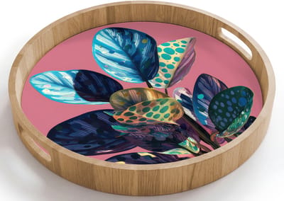 Dienblad rond 40x40 cm - Schootdienblad hout - Plant - Bladeren - Stippen - Abstract - Borrelplank rechthoek - Plateau houten dienbladen
