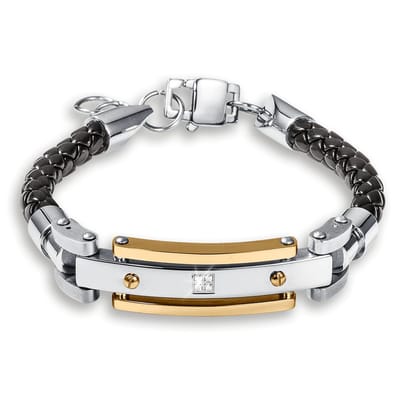 THOMASINY® CRISTALLE SICURO - Luxe RVS Armband Heren - Zwart Leer - Zilverkleurig - Met Zirkoonstenen