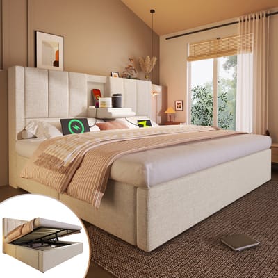 Tweepersoonsbed 140x190 cm met verborgen bekerhouder en oplaadstation - gestoffeerd bed met opbergruimte - beige - zonder matras