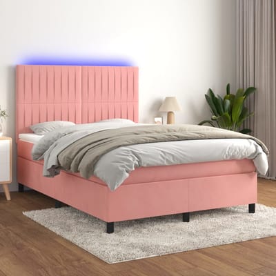 vidaXL - Boxspring - met - matras - en - LED - fluweel - roze - 140x190 - cm