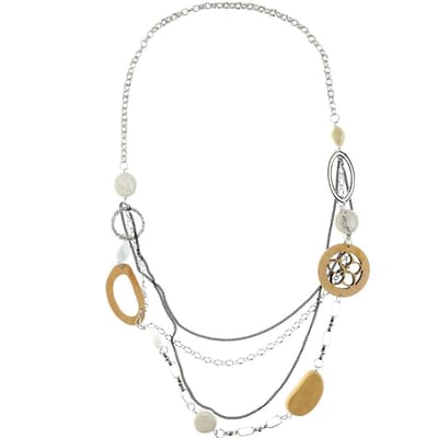 Behave Lange ketting zilver kleur met witte en houten kralen 80 cm