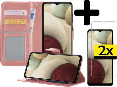 Hoesje - Met 2x Screenprotector - Geschikt voor Samsung Galaxy A12 - Luxe Pasjeshouder - Bookcase Portemonee - Flip Case - Kunstleer Book Case - Flipcase Hoes - Book Cover - Walletcase - Portemonneehoes - Telefoonhoesjes - Rosé goud