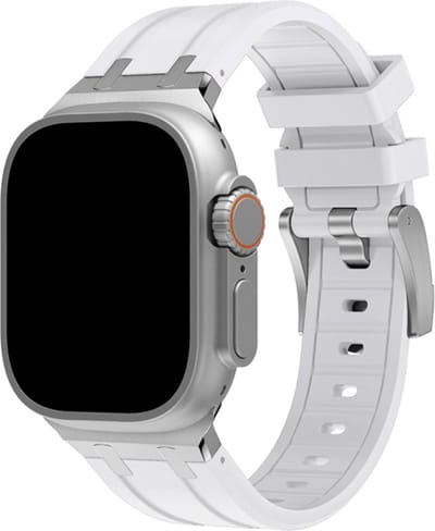 Stravo Heavy Duty Liquid Silicone Rubber Sport bandje Geschikt voor Apple Watch 42mm(Series 11/10) 41mm 40mm 38mm - Luxe rubber siliconen horlogebandje met RVS gesp - Voor Apple Watch SE 1 2 3 / Series 11 10 9 8 7 6 5 4 3 2 1 - Zilver/wit