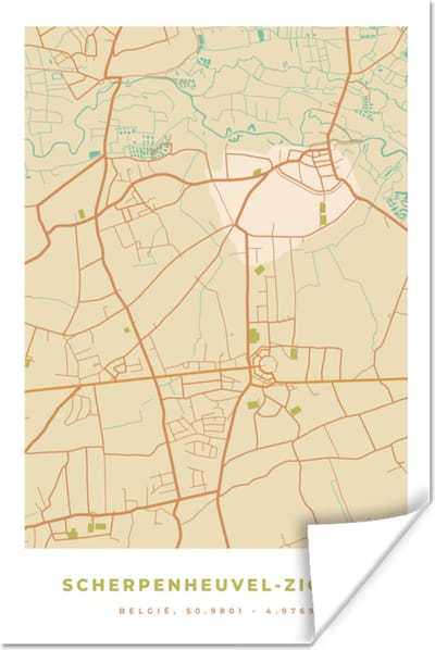 Poster Plattegrond - Vintage - Retro - Scherpenheuvel-Zichem - Kaart - Stadskaart - 120x180 cm XXL