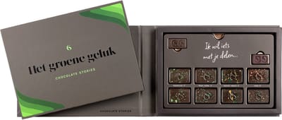 Chocolate Stories Het groene geluk - Vegan chocolade cadeau - Glutenvrij & Lactosevrij - Ambachtelijke bonbons - 100% Plantaardig