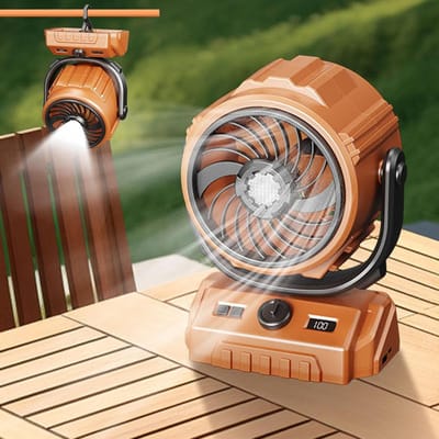 Campingventilator – Automatisch oscillerende kop (270°) en handmatig kantelbaar (300°)-6000 mAh-accu - ledverlichting, turbofunctie voor snelle koeling (oranje)