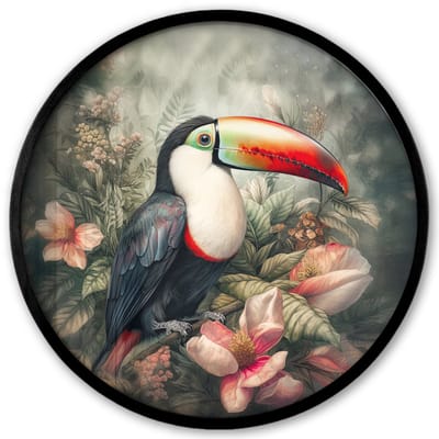 Poster in lijst Rond - Fotolijst 40x40 cm - Posters - Toekan - Vogels - Bloemen - Planten - Tropisch - Ronde posterlijst zwart - Decoratie - Wanddecoratie woonkamer - Muurdecoratie slaapkamer