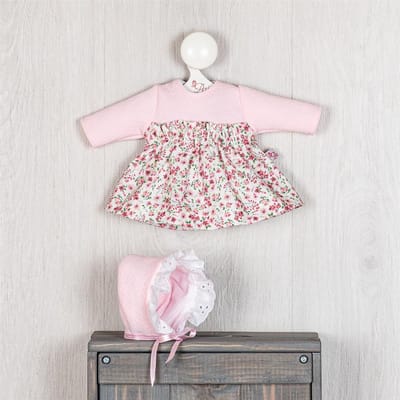 Asi poppenkleding - bloemenjurk en bonnet - roze - poppenaccessoire.