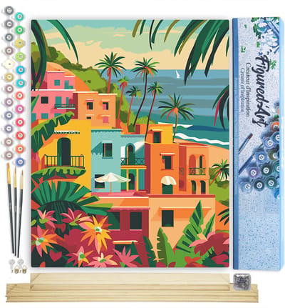 Figured'Art Schilderen op Nummer Volwassenen canvas Marokkaanse kuststad- Handwerk acrylverf Kit DIY Compleet - 40x50cm met DIY houten lijst