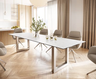 Eettafel Edge keramiek Laminam® Statuarietto wit 300x100 roestvrij staal breed