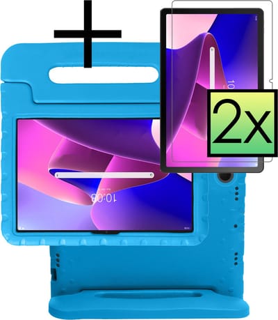Hoes - Geschikt voor Lenovo Tab M10 Plus (3e / 3rd Generatie) - Met 2x Screenprotector - Kinderhoes Shockproof Bumper - Kidsproof Case - Tablet Hoesje - Kinder Cover - Blauw