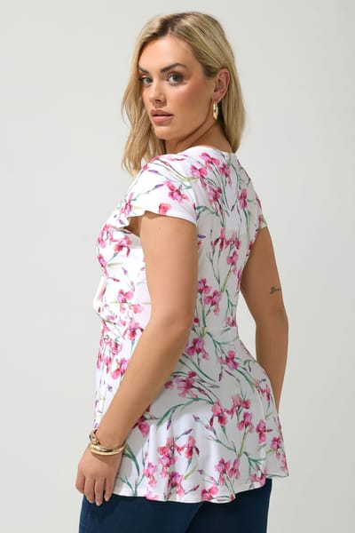 Yours London Witte Top Met Bloemenprint En Wikkel Aan De Voorkant Size 44