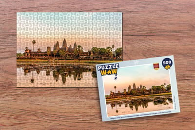 Puzzel Angkor Wat in de zonsondergang met weerspiegeling van het water - Legpuzzel - Puzzel 500 stukjes