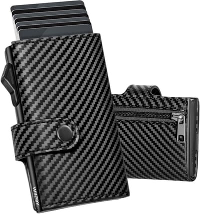 Dunne leren portemonnee voor mannen met RFID-bescherming, AirTag-vak, slimme pop-up functie en muntzakje, minimalistisch ontwerp, A008 carbon fiber