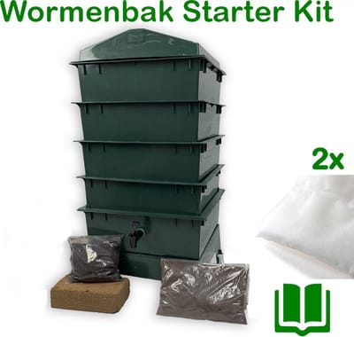 Wormenbak 64L - 4 laags starter kit (groen) - Excl. wormen > Incl. filter/kweekgrond/bedding - Wormenhotel 40x40x85cm - Wormentoren compostbak met opvangbak en tapkraan | Billiebin