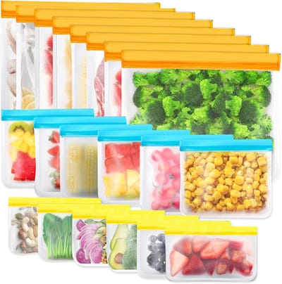 Famanu Set van 20 herbruikbare opbergzakken, BPA-vrije vrieszakken, sandwichzakken, siliconen voedselzakken, lekvrije lunchpakketten voor reissieraden