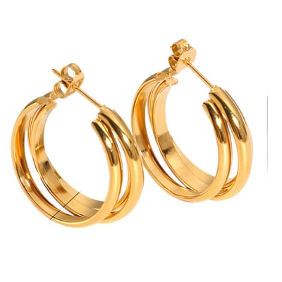 Aramat Jewels | Oorbellen | Goudkleurige 3-Lijns Halve Oorringen 24x9,5mm Twist RVS | | | |10mm | Staal | Volwassenen | Verkleurd niet