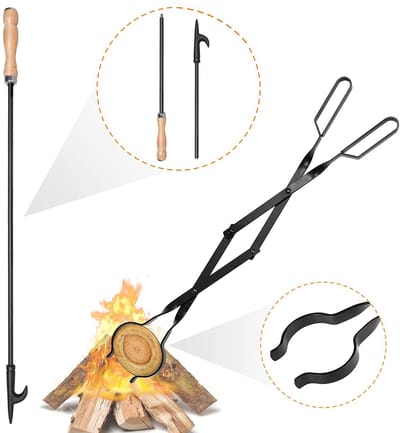 Uten Haardset - 2 Delig - Open haard set Gereedschap - Incl tang 64.3 cm en Pook 81 cm - Voor Binnenhaarden, Buitenhaarden, Houtkachel en Kampvuur - Zwart