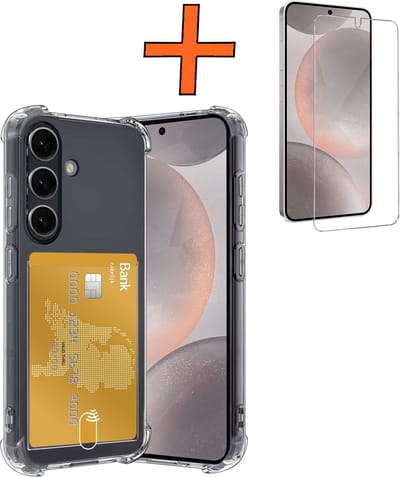Hoes - Geschikt voor Samsung Galaxy S24 - Met Screenprotector - En Pashouder - En Kaarthouder - Telefoon Hoesje Shockproof - Siliconen Case - Back Cover - Shock Proof - Pasjes Houder - Transparant