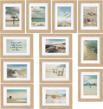 bomoe Ocean Set van 12 Fotolijsten Houten Picture Frames 12 x 13x18cm Kunststof glas Fotolijst van Hout - Metalen Ophanging - Standaard & Passepartout - EikenHout