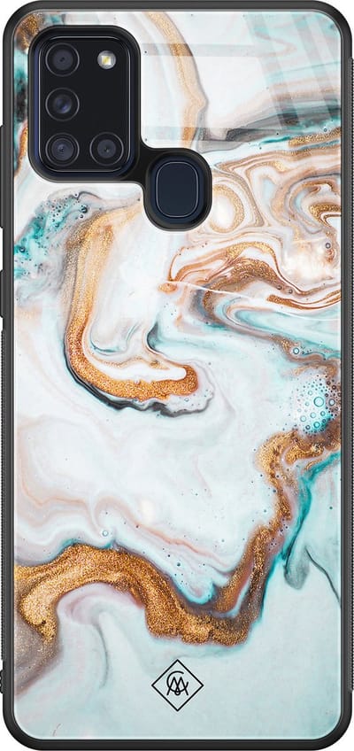 Casimoda® hoesje - Geschikt voor Samsung Galaxy A21s - Goud Blauw Marmer - Luxe Hard Case Zwart - Backcover telefoonhoesje - Blauw