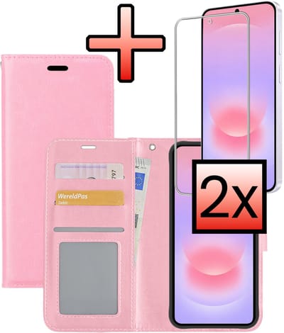 Hoesje - Met 2x Screenprotector - Geschikt voor Samsung Galaxy A37 - Luxe Pasjeshouder - Bookcase Portemonee - Flip Case - Kunstleer Book Case - Flipcase Hoes - Book Cover - Walletcase - Portemonneehoes - Lichtroze
