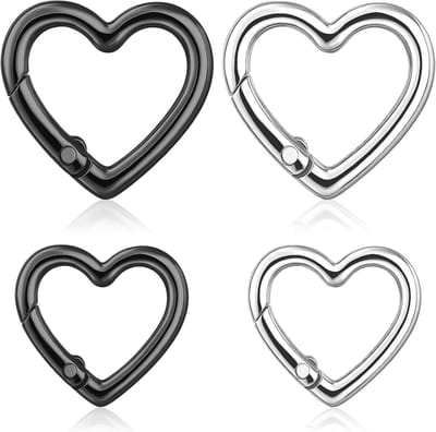 Set van 4 Hartvormige Carabiners - Sleutelhangers, Rugzak Clips en DIY Accessoires in Zwart en Zilver (2.5/3 cm)