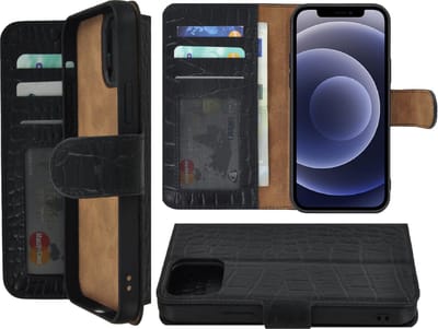 MoDo Hoesje Geschikt voor Iphone 12 Pro Max Hoesje - Bookcase - 12 Pro Max Book Case Wallet Echt Leer Croco Zwart Cover
