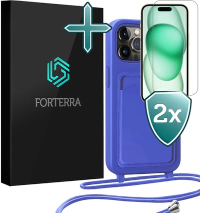 Hoesje Geschikt voor iPhone 14 Pro Pashouder Case Siliconen Hoes Met Koord Met 2x Screenprotector - Hoes Geschikt voor iPhone 14 Pro Met Telefoonkoord Hoesje Back Cover Met Pasjeshouder - Felblauw