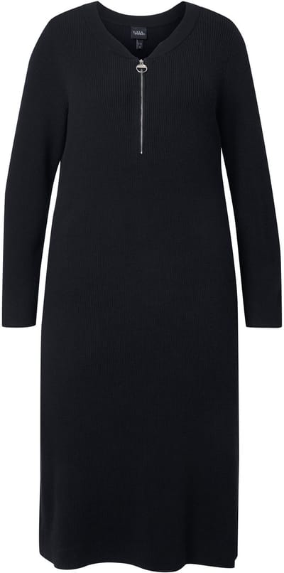 Ulla Popken - Dames - Ribjersey midi-jurk rits A-lijn V-hals lange mouw - Zwart - Maat 46+