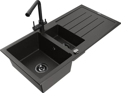 Mexen Andres granieten gootsteen 1,5-komor met afdruiprek en keukenkraan Duero, zwart/goud - 6515-75-671600-70-B