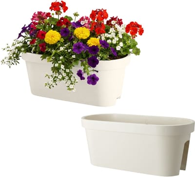 Pro Garden Balkon plantenpot/bloempot - 2x - crèmewit - 60 x 25 cm - ovaal - kunststof - Reling/schutting/hangende bloempotten