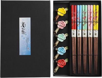 Houten eetstokjes set met keramische onderzetters, herbruikbare luxe sushi eetstokjes, handgemaakt en perfect voor Aziatische gerechten