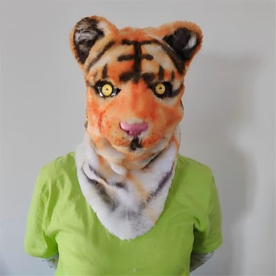 Fluwelen tijgerhoofdmasker met een lange, beweegbare mond. Adult size oranje