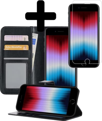 Hoesje - Met Screenprotector - Geschikt voor Apple iPhone SE (2022) - Luxe Pasjeshouder - Bookcase Portemonee - Flip Case - Kunstleer Book Case - Flipcase - Book Cover - Walletcase - Portemonneehoes - Telefoonhoesjes - Zwart