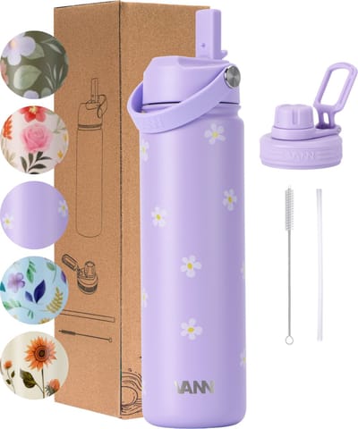 VANN® 3-Wandige RVS Drinkfles 650 ML met rietje voor volwassenen – Met 2 doppen – Thermosfles – 12 uur warm/24 uur koud – Bloemen fles – Cadeau voor man en vrouw – VANN FLOWER BOTTLE