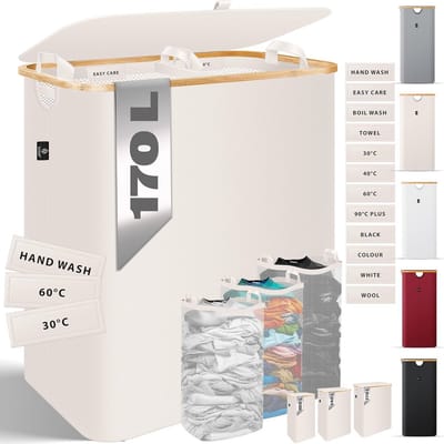 Wasmand met deksel en 3 uitneembare waszakken, 2 vakken, opvouwbaar, 170 liter, wasbox, wassorteerder