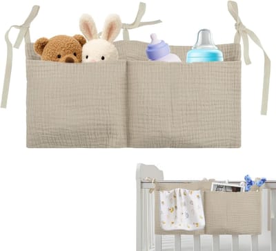 Hangende tas voor naast het bed - Opbergtas voor kinderen - Met opbergvak - 2 vakken - Kan worden opgehangen - Geschikt voor kleding, luiers, speelgoed, enz.-38*18cm - Khaki